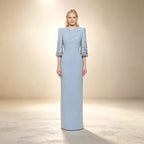 Bodenlanges Etuikleid in Hellblau | Gala-Kleid mit Schulterpolstern
