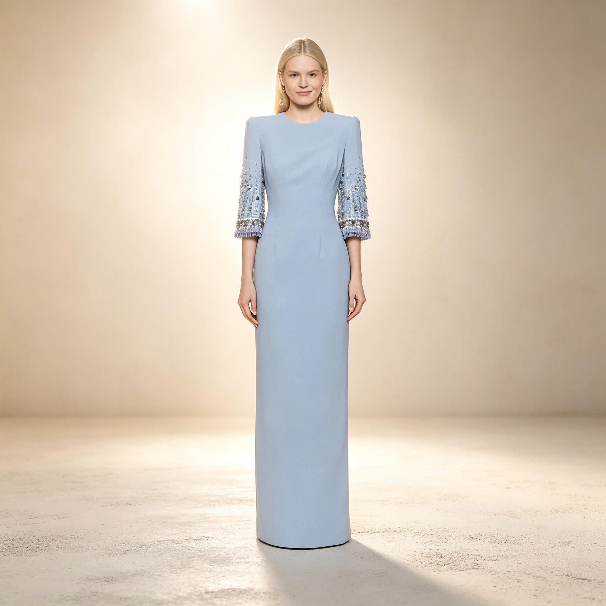 Bodenlanges Etuikleid in Hellblau | Gala-Kleid mit Schulterpolstern