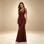 One-Shoulder Pailletten Abendkleid mit Fransen – Elegantes Weinrotes Maxikleid