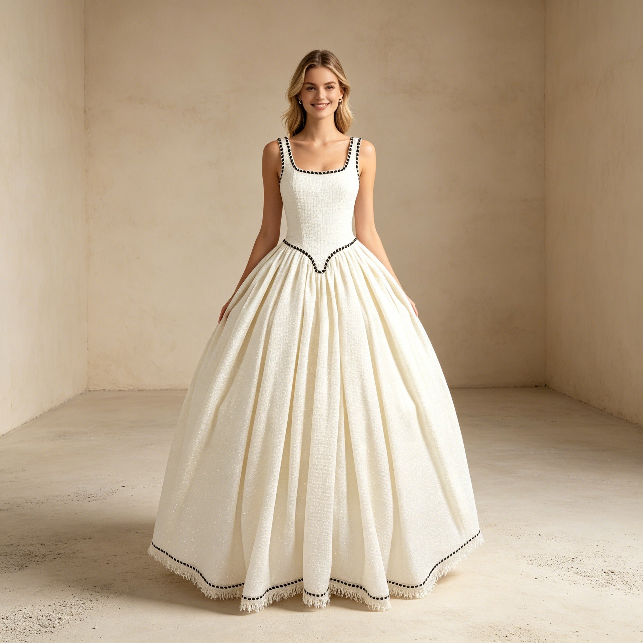 Vintage Corsagen-Abendkleid mit Kontrastborte und opulentem Ballrock