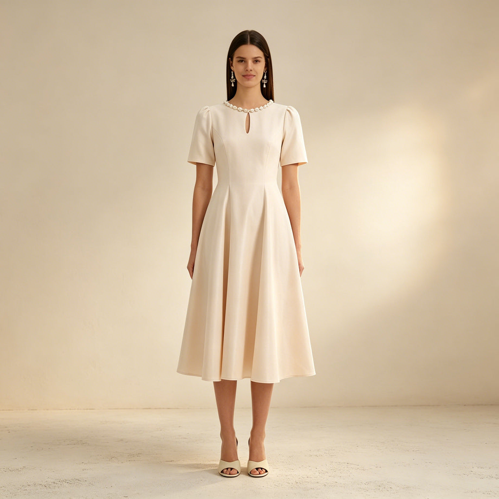 Elegantes Midi Kleid Champagner | A-Linien Festkleid mit Perlen