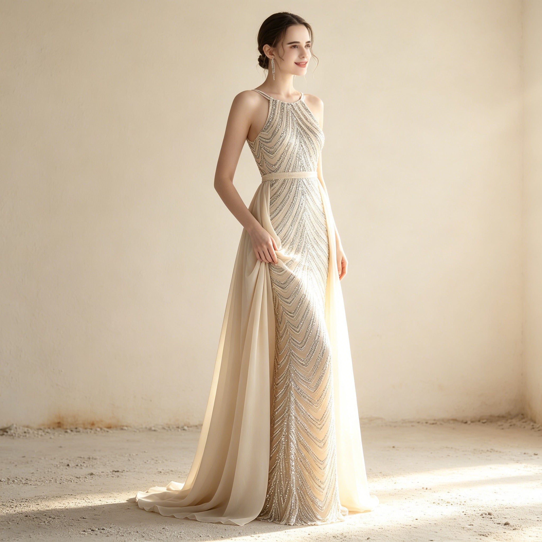 Elegantes Neckholder Abendkleid mit Pailletten – Figurbetontes Maxikleid im Meerjungfrau-Stil