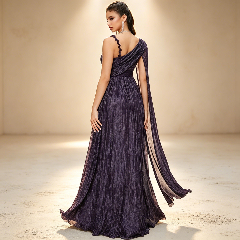 Elegant Abendkleid in Dunkellila – Funkelndes Maxi-Design mit Plissee & One-Shoulder-Schnitt