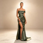 Satin Abendkleid mit Beinschlitz | Elegantes Olivgrünes Maxikleid Schulterfrei