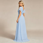 Hellblaues Chiffon Abendkleid mit V-Ausschnitt – Elegantes Maxikleid mit Flatterärmeln