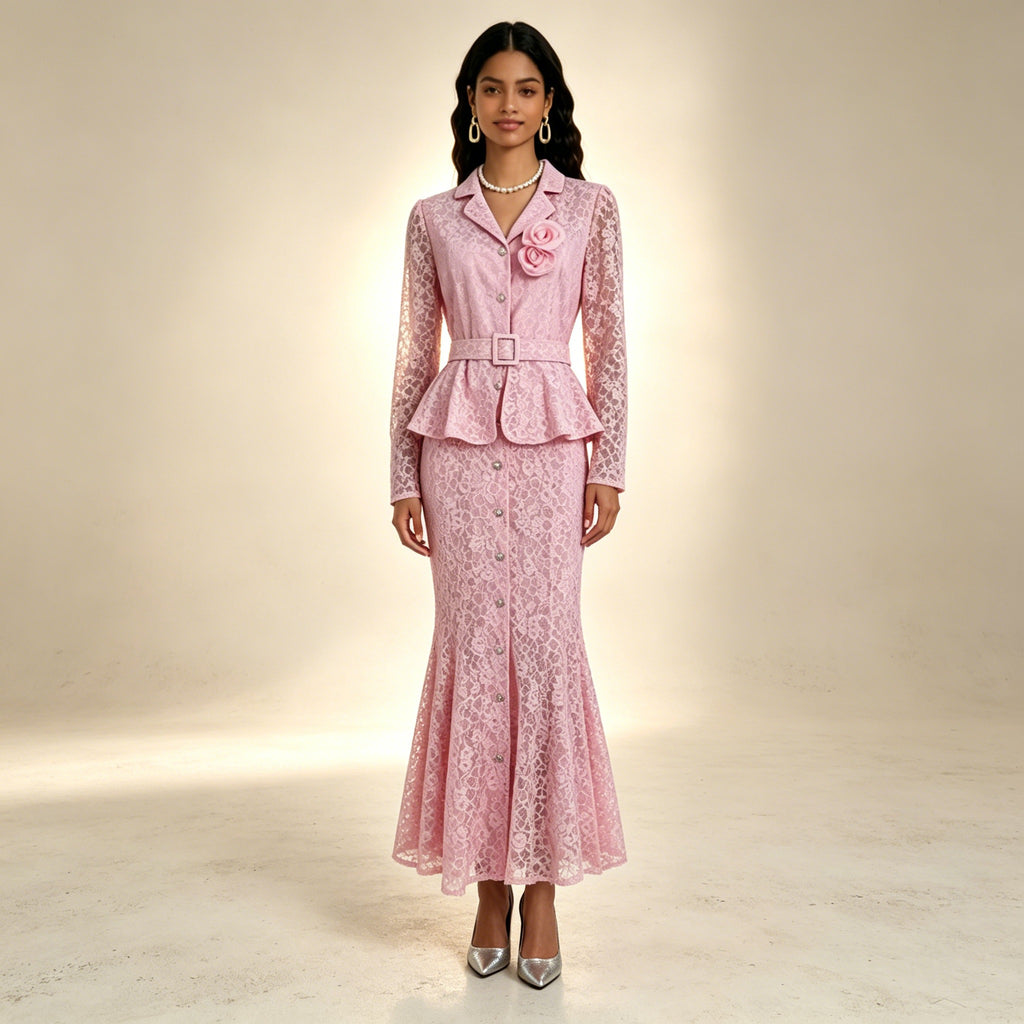 Elegantes Spitzen-Zweiteiler Rosa | Festliches Set mit Rock und Blazer