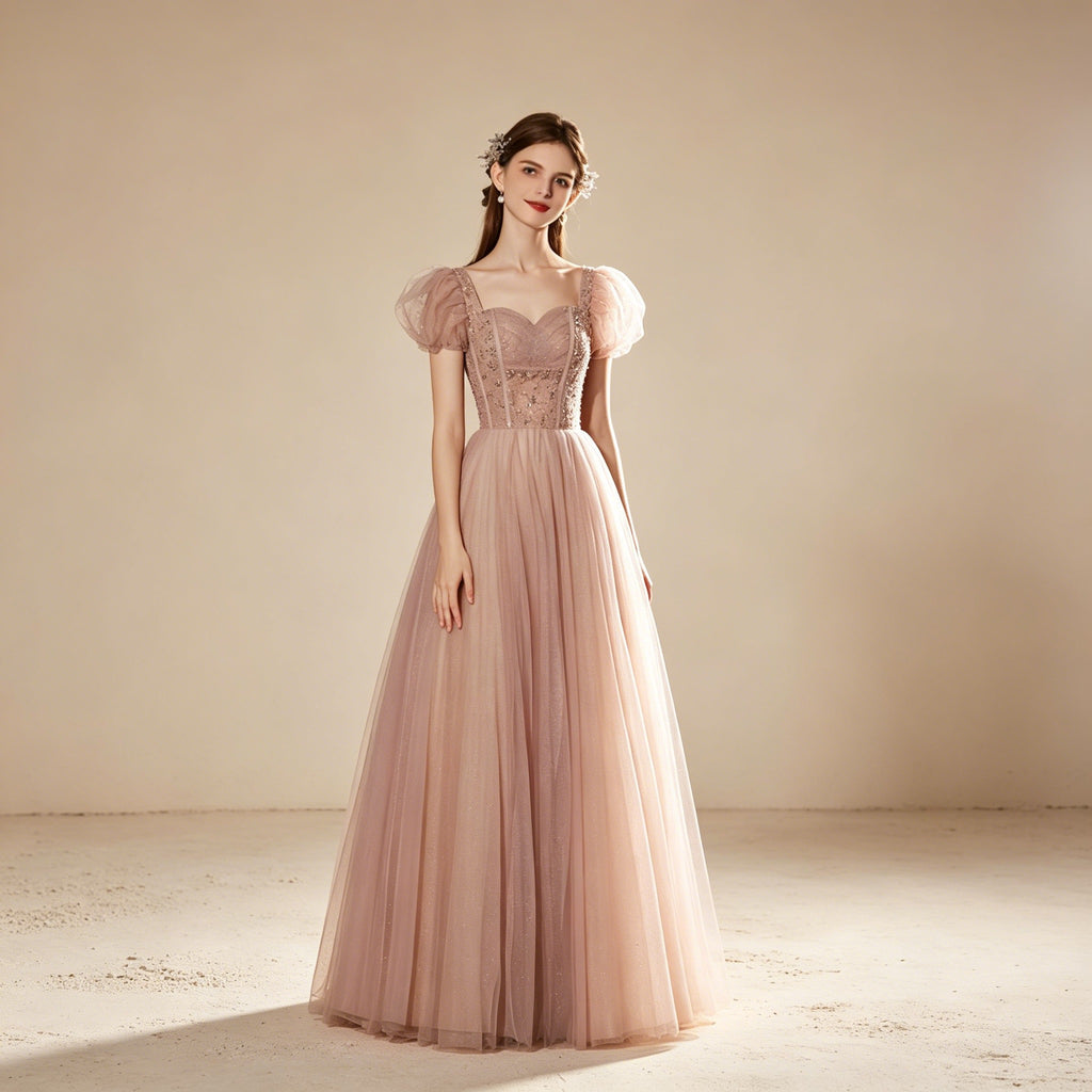 Festliches Sommerkleid mit Puffärmeln | Langes V-Ausschnitt Kleid