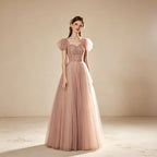 Festliches Sommerkleid mit Puffärmeln | Langes V-Ausschnitt Kleid