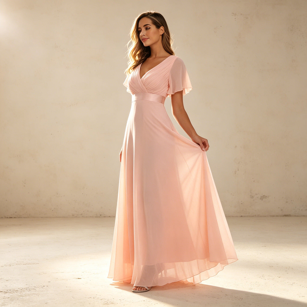 Elegantes Chiffon Abendkleid in Rosa – Maxikleid mit Flatterärmeln und V-Ausschnitt
