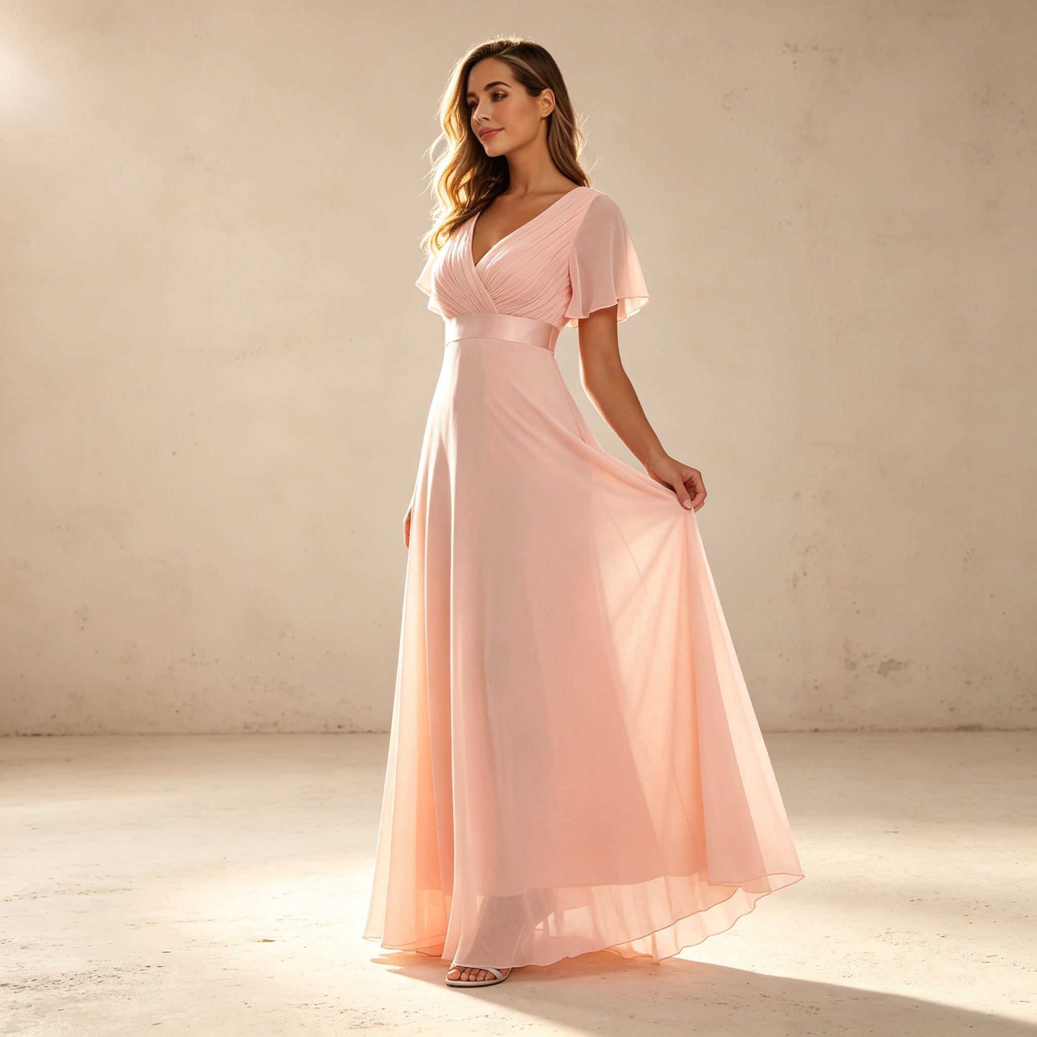 Elegantes Chiffon Abendkleid in Rosa – Maxikleid mit Flatterärmeln und V-Ausschnitt