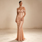 Glamouröses Pailletten Abendkleid | Off-Shoulder Maxikleid in Roségold