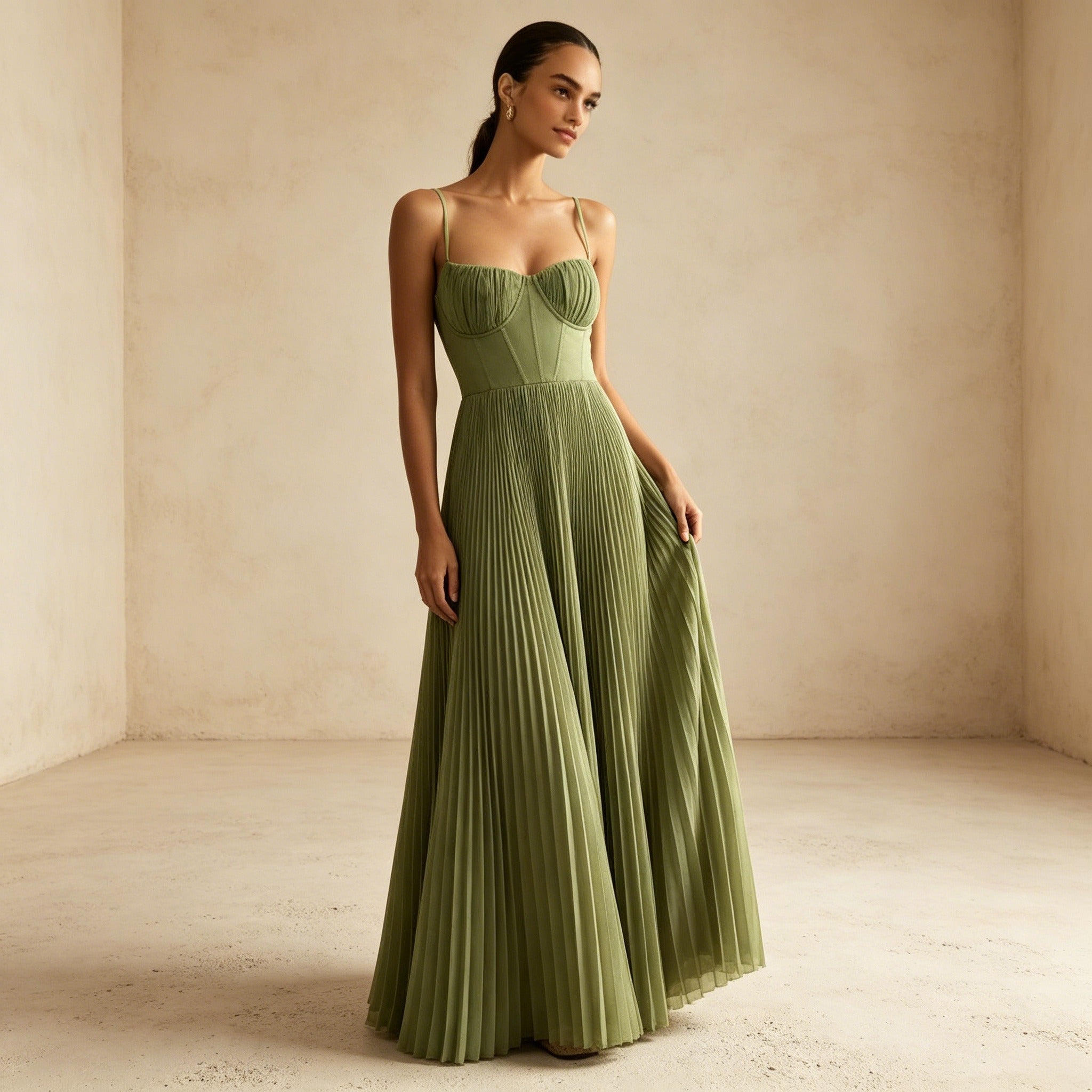 Salbeigrün Festliches Maxikleid - Ärmelloses Cocktailkleid mit Faltenrock