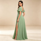 Elegantes Chiffon Abendkleid Salbeigrün | Maxikleid mit Beinschlitz