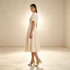 Elegantes Midi Kleid Champagner | A-Linien Festkleid mit Perlen