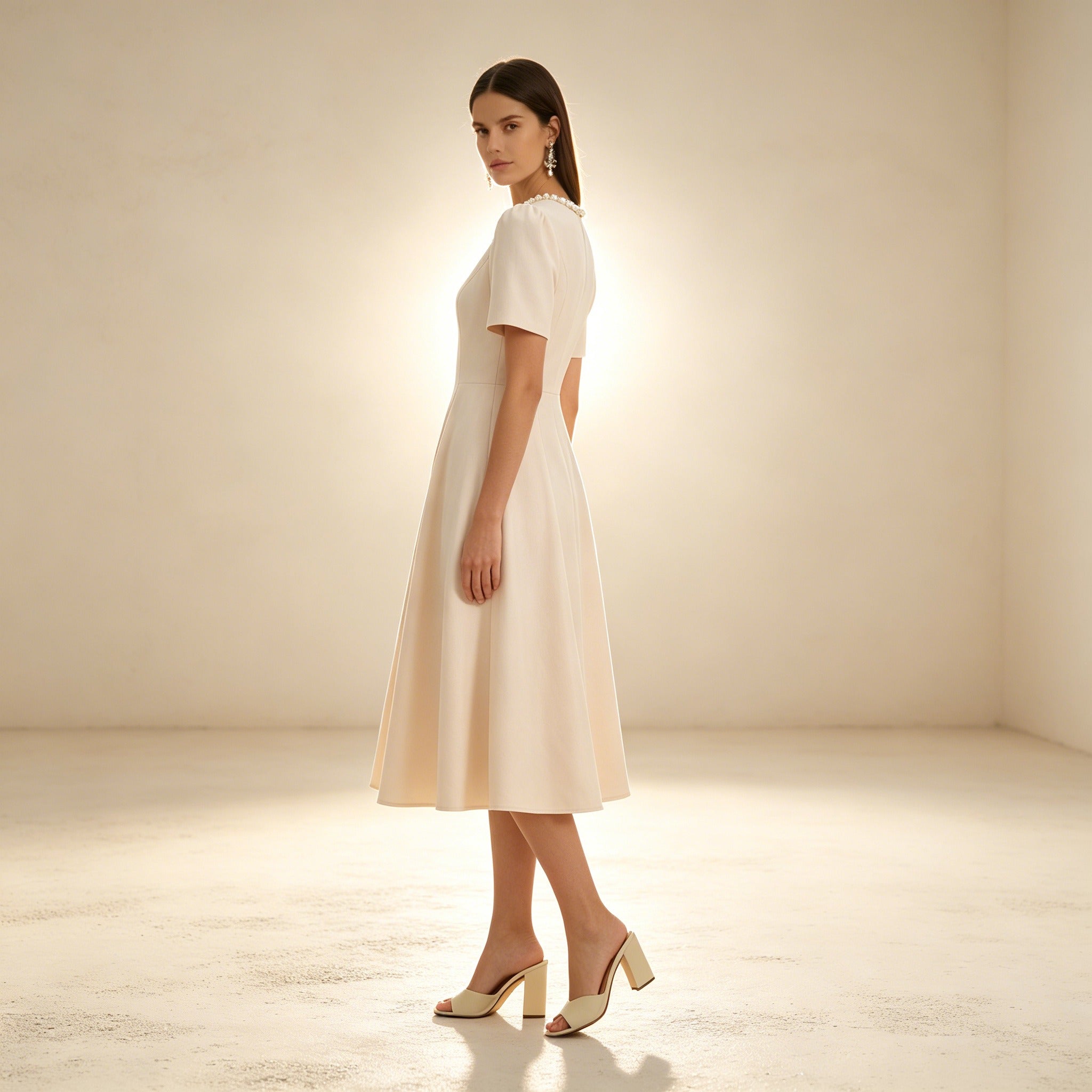 Elegantes Midi Kleid Champagner | A-Linien Festkleid mit Perlen