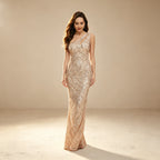 One-Shoulder Pailletten Abendkleid mit Fransen – Elegantes Champagner Maxikleid