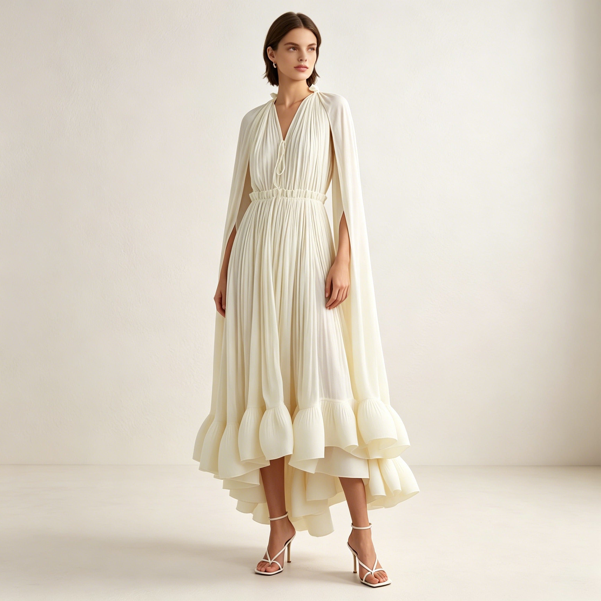 Elegantes Plissee Abendkleid Creme | Maxikleid mit Cape-Ärmeln