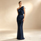 One-Shoulder Abendkleid in Marineblau – Elegantes Maxikleid mit Großer Schleife