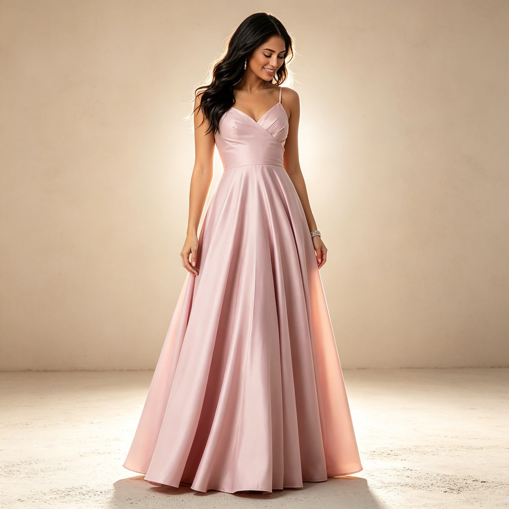 Elegantes Satin Abendkleid Rosa | Spaghettiträger Maxikleid