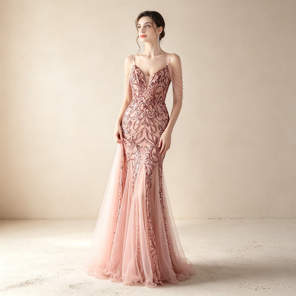 Elegantes Abendkleid in Altrosa – Meerjungfrau-Kleid mit Pailletten & Raffinierten Schulterketten