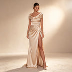 Drapiertes Satin Maxikleid Champagner | Festliche Einteilige Robe Bodenlang