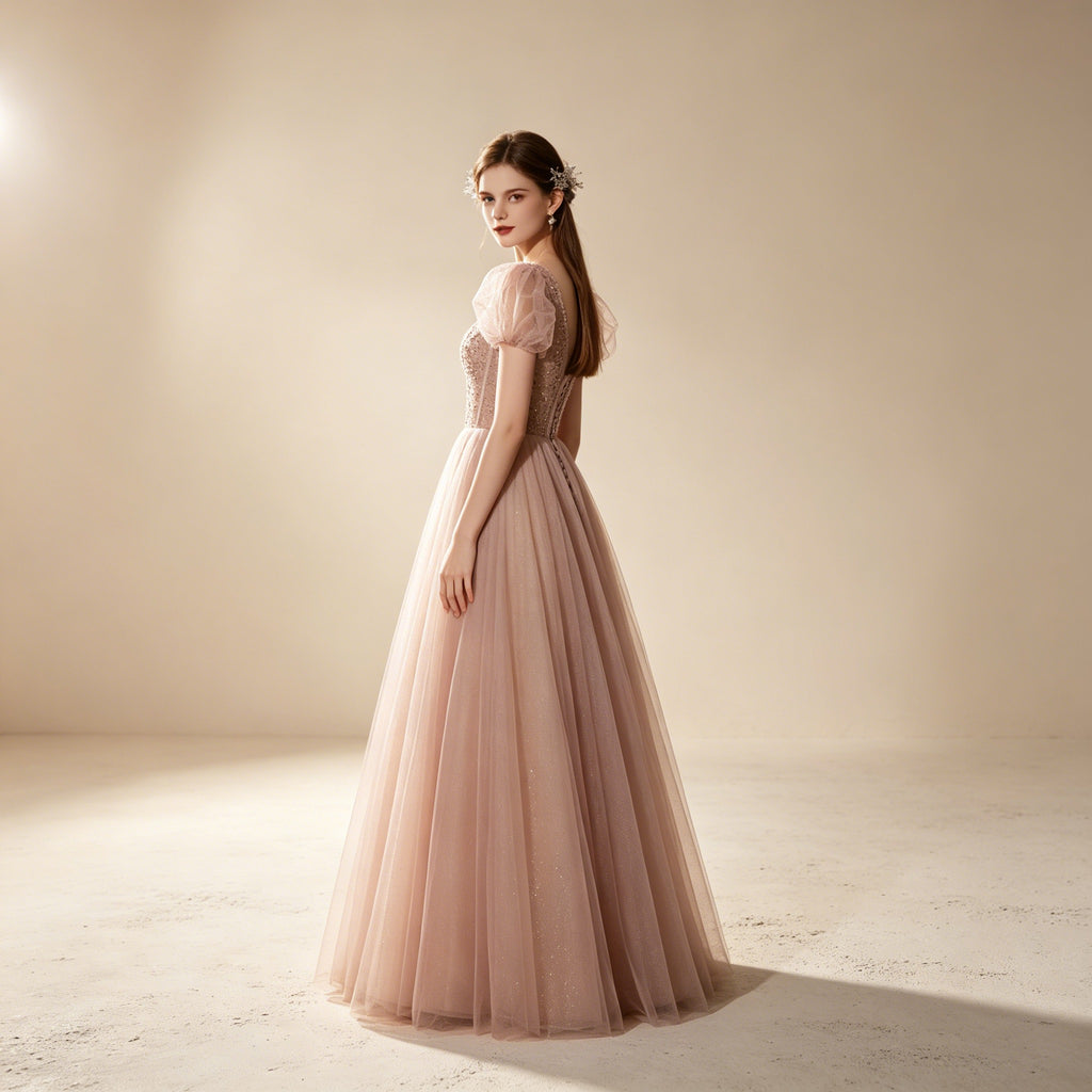 Festliches Sommerkleid mit Puffärmeln | Langes V-Ausschnitt Kleid