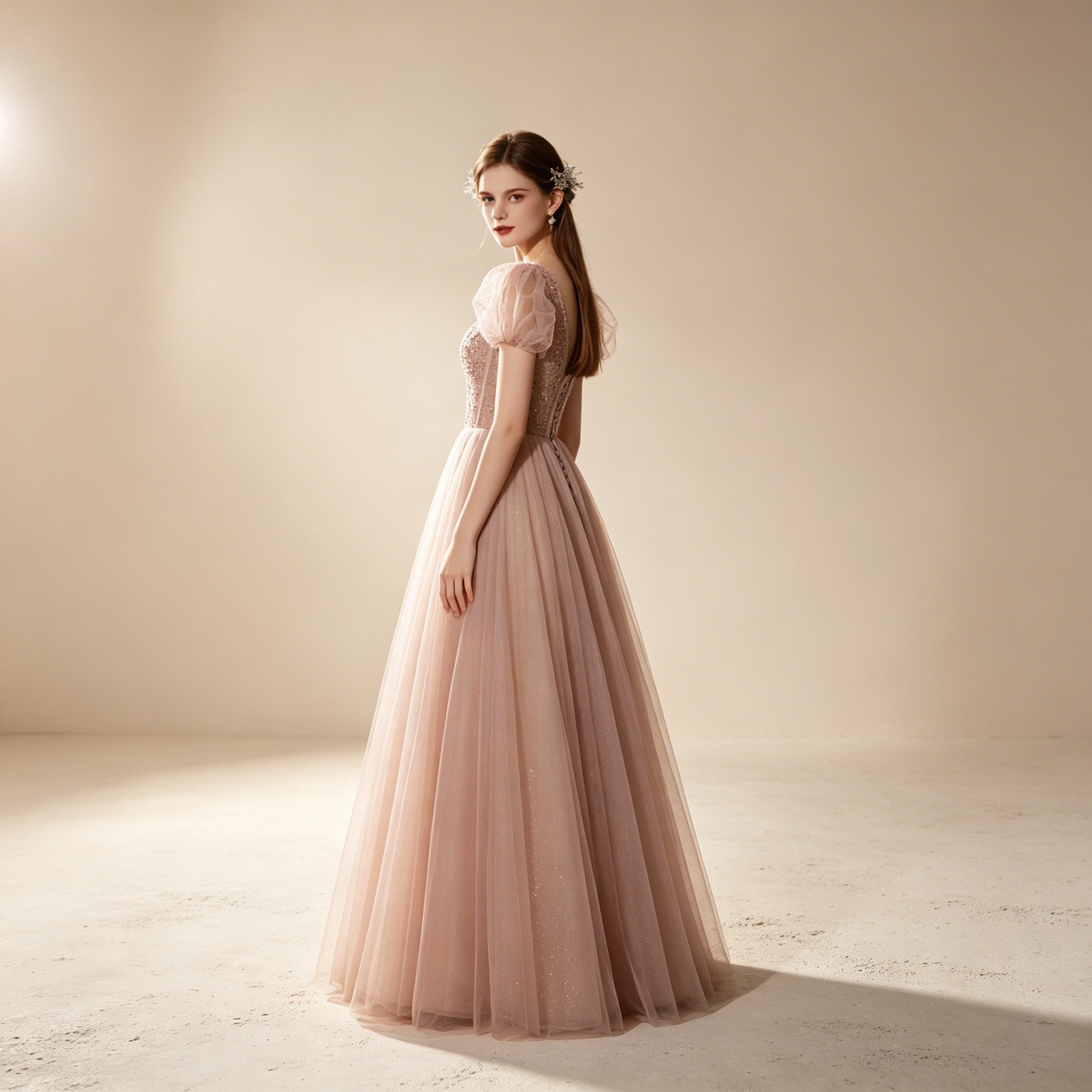 Festliches Sommerkleid mit Puffärmeln | Langes V-Ausschnitt Kleid