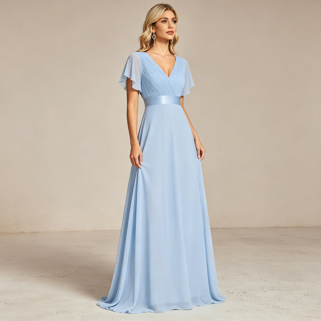 Hellblaues Chiffon Abendkleid mit V-Ausschnitt – Elegantes Maxikleid mit Flatterärmeln