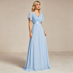 Hellblaues Chiffon Abendkleid mit V-Ausschnitt – Elegantes Maxikleid mit Flatterärmeln