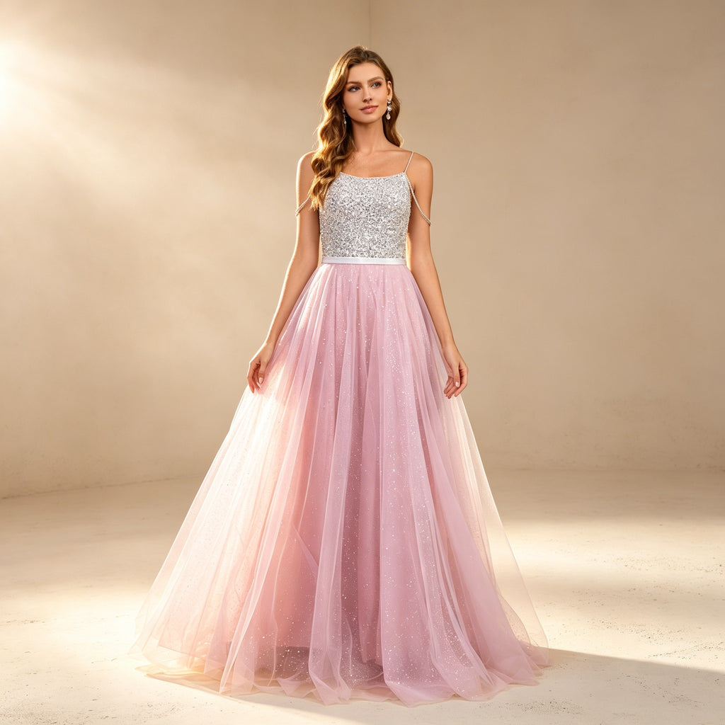 Elegantes Abendkleid mit Pailletten-Oberteil und Tüllrock in Rosa