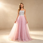 Elegantes Abendkleid mit Pailletten-Oberteil und Tüllrock in Rosa