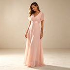 Elegantes Chiffon Abendkleid in Rosa – Maxikleid mit Flatterärmeln und V-Ausschnitt