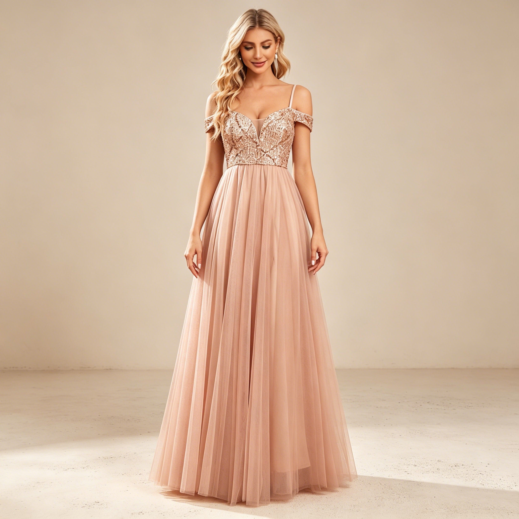 Elegant Off-Shoulder Abendkleid mit Pailletten-Oberteil und Tüllrock