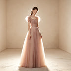 Festliches Sommerkleid mit Puffärmeln | Langes V-Ausschnitt Kleid