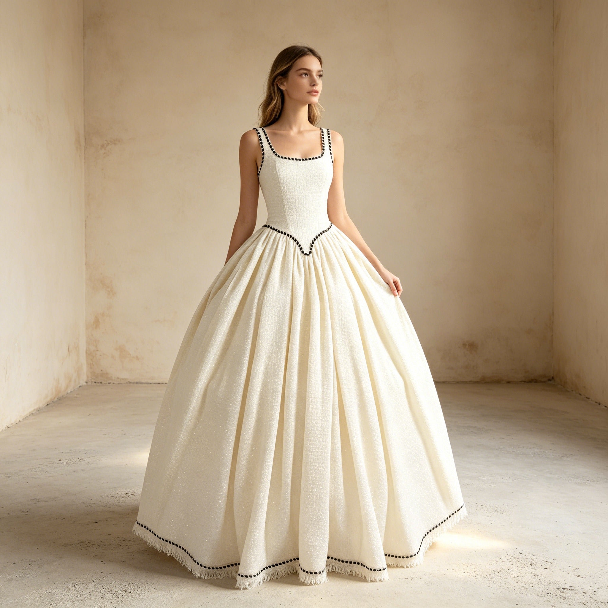 Vintage Corsagen-Abendkleid mit Kontrastborte und opulentem Ballrock