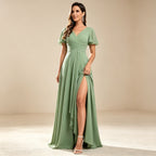 Elegantes Chiffon Abendkleid Salbeigrün | Maxikleid mit Beinschlitz