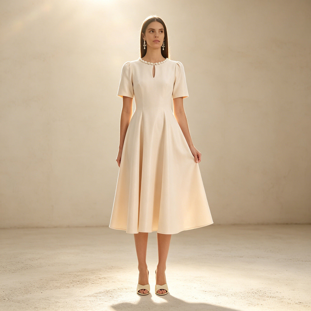 Elegantes Midi Kleid Champagner | A-Linien Festkleid mit Perlen