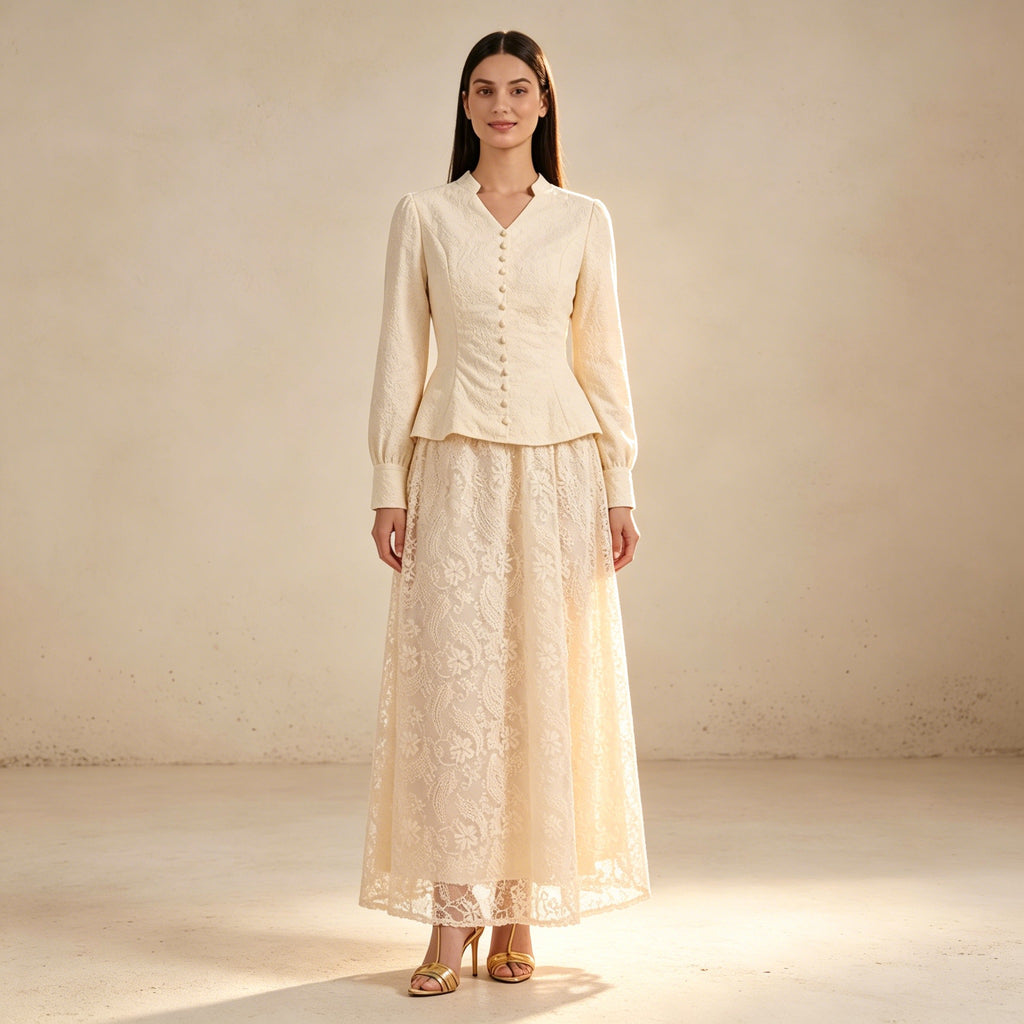 Elegantes Spitzen-Zweiteiler Creme | Festliches Set mit Rock und Blazer