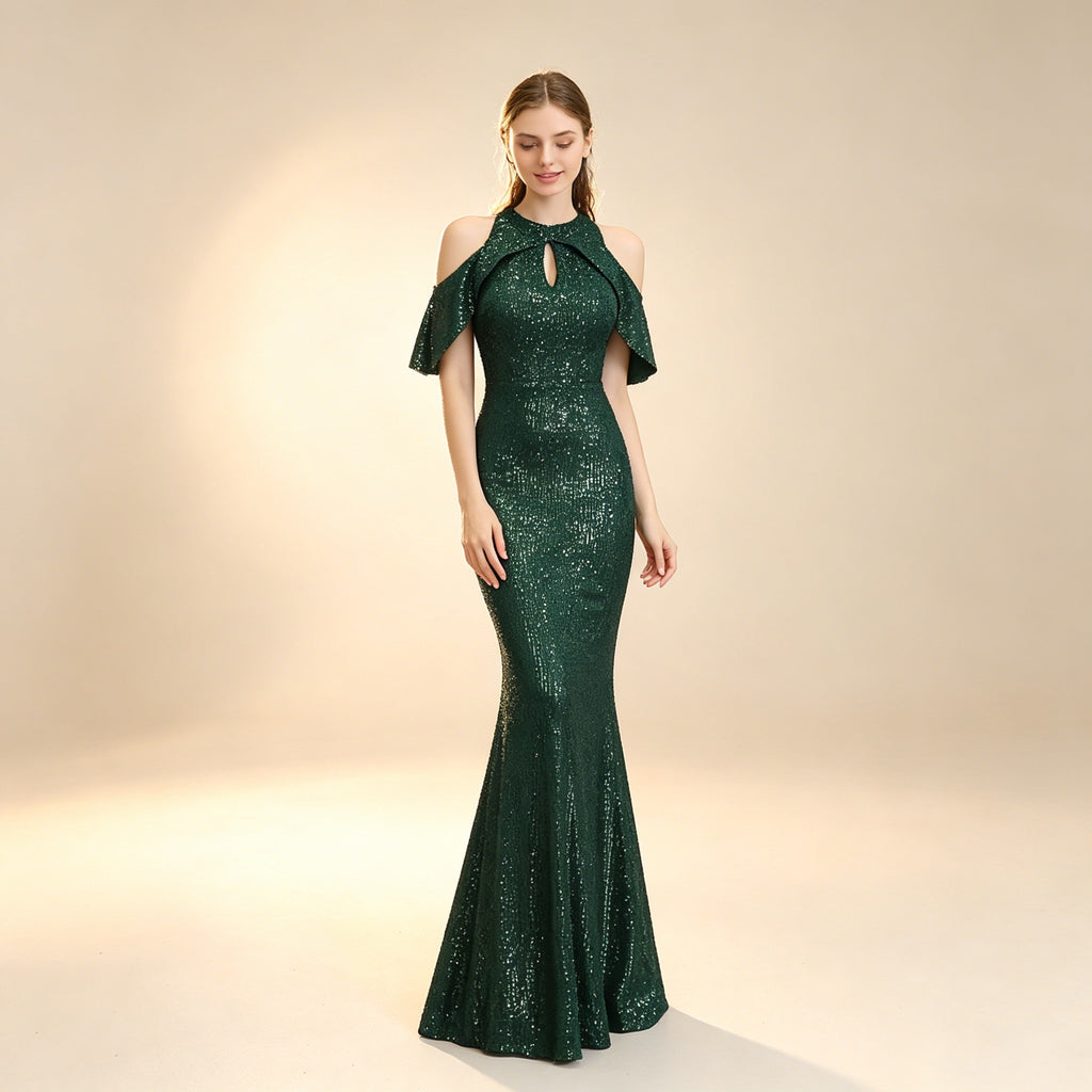 Funkelndes Pailletten Abendkleid mit Cold-Shoulder – Elegantes Neckholder Maxikleid
