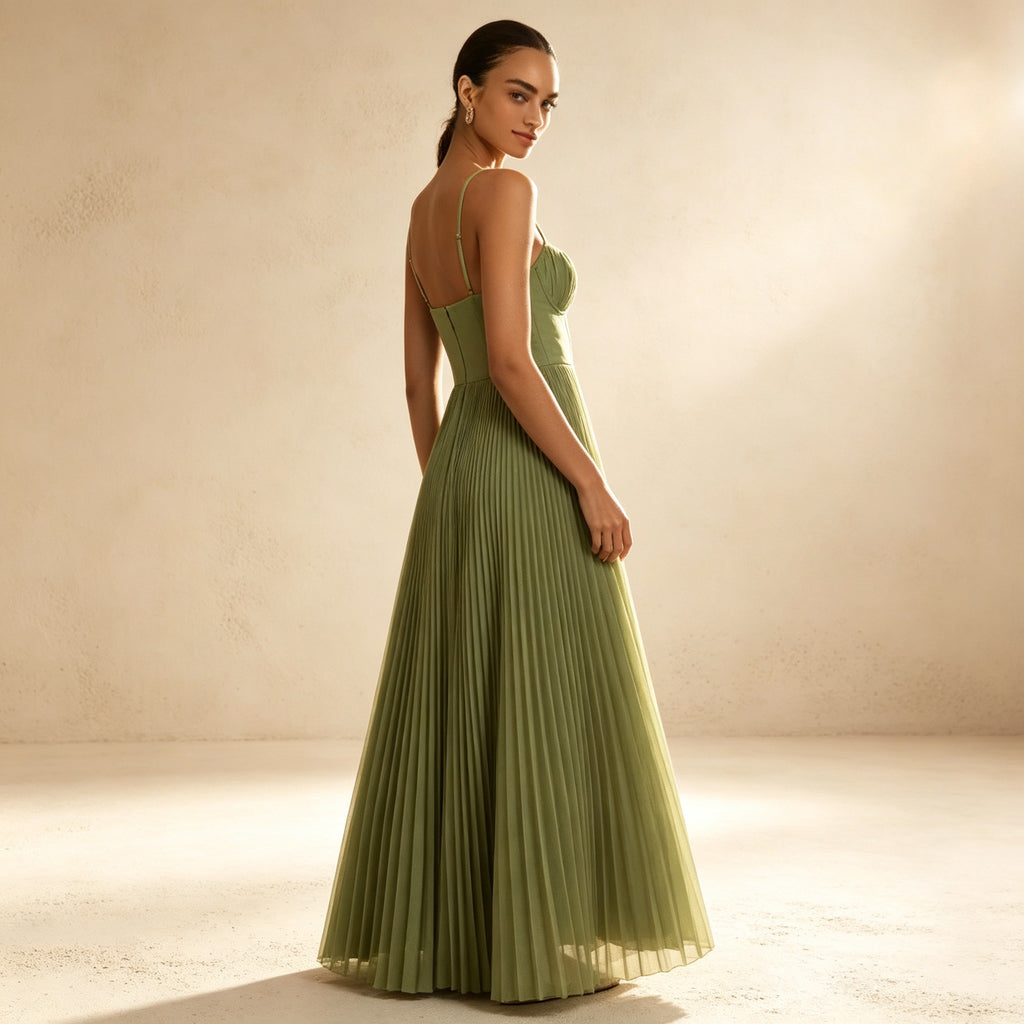 Salbeigrün Festliches Maxikleid - Ärmelloses Cocktailkleid mit Faltenrock