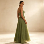 Salbeigrün Festliches Maxikleid - Ärmelloses Cocktailkleid mit Faltenrock