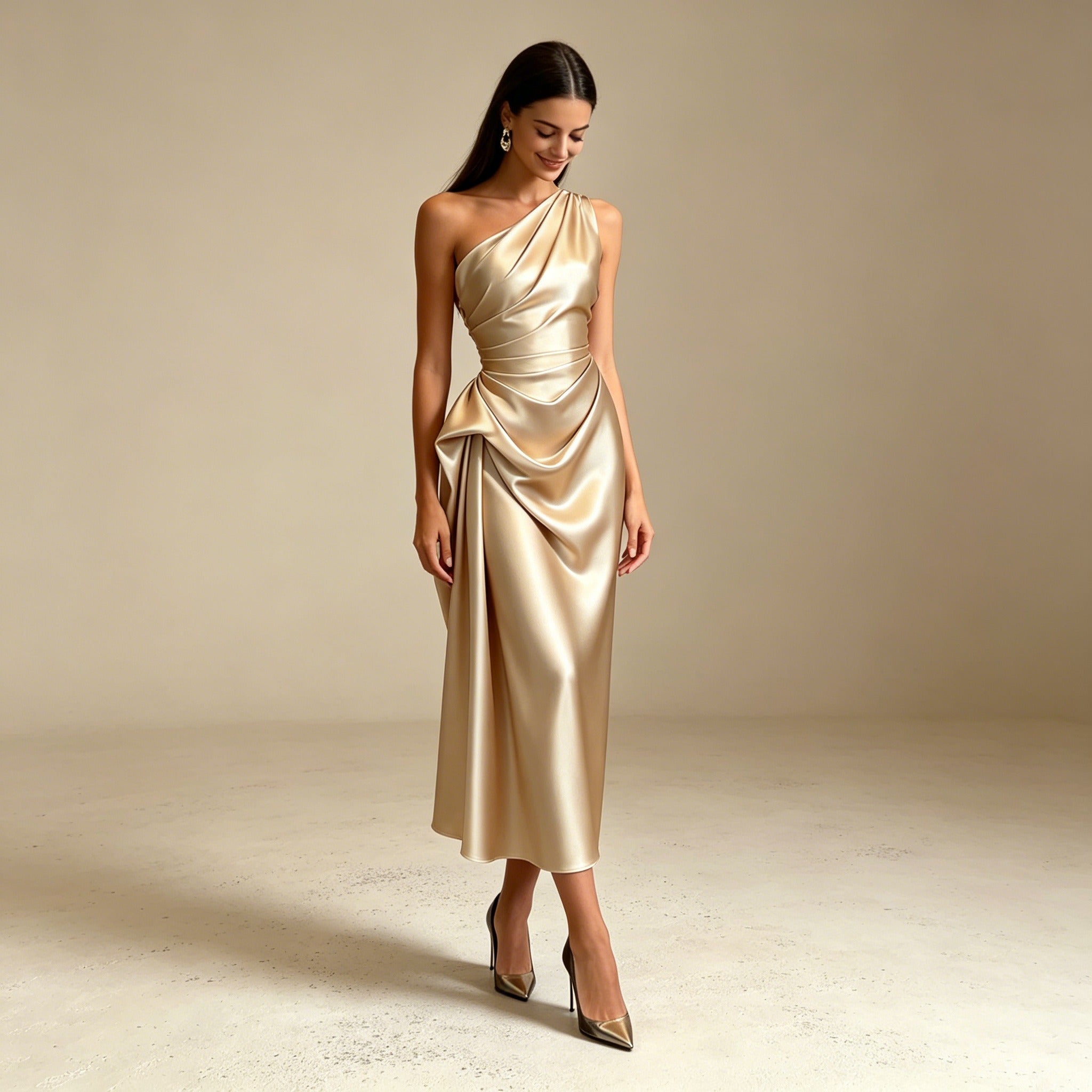 Festliches Cocktailkleid in Champagner - Ärmelloses Satin-Midikleid