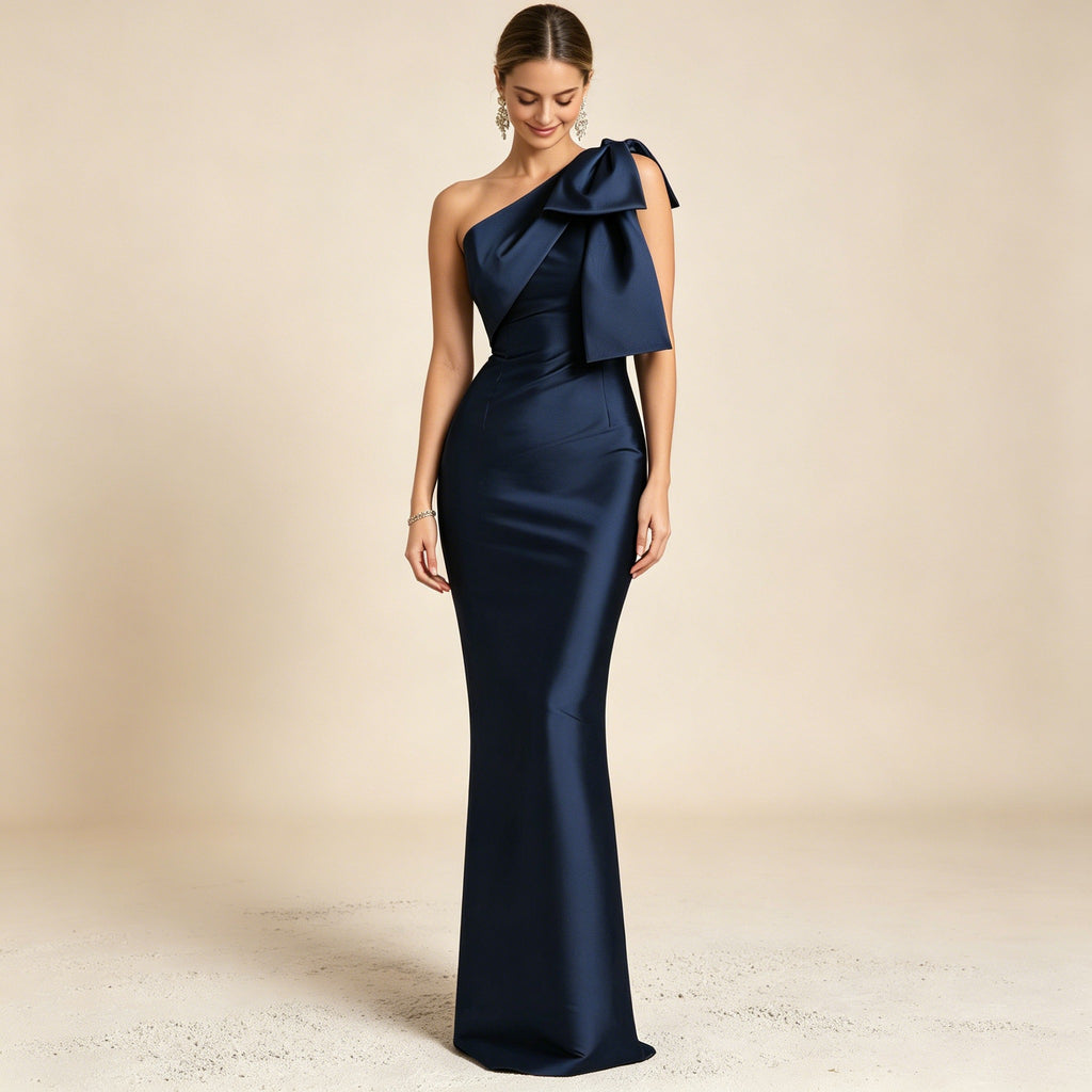 One-Shoulder Abendkleid in Marineblau – Elegantes Maxikleid mit Großer Schleife