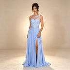 Asymmetrisches Abendkleid mit Strass | Hellblaues One-Shoulder Kleid mit Beinschlitz