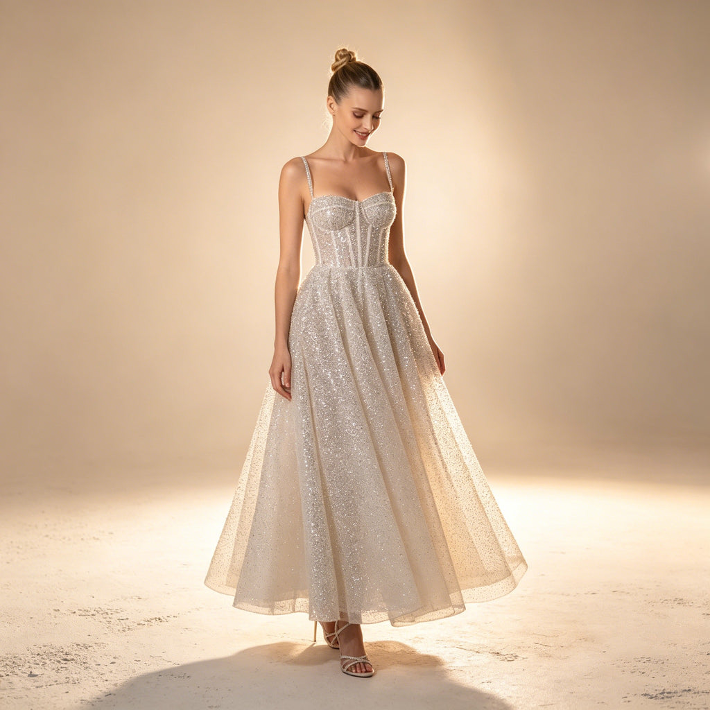 Festliches Abiballkleid mit Glitzereffekt - Ärmelloses Midi-Ballkleid