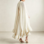 Elegantes Plissee Abendkleid Creme | Maxikleid mit Cape-Ärmeln