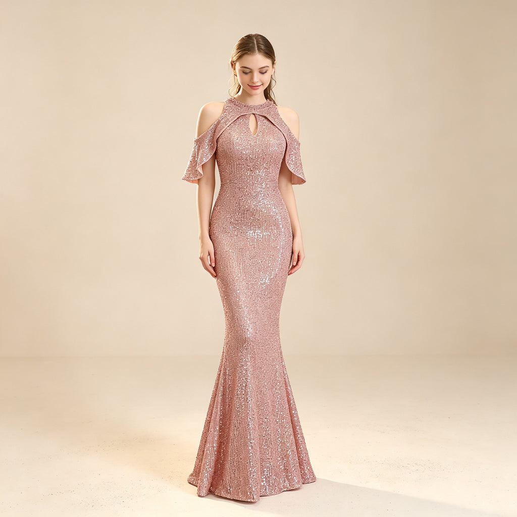 Funkelndes Pailletten Abendkleid mit Cold-Shoulder – Elegantes Neckholder Maxikleid