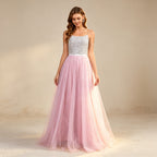 Elegantes Abendkleid mit Pailletten-Oberteil und Tüllrock in Rosa