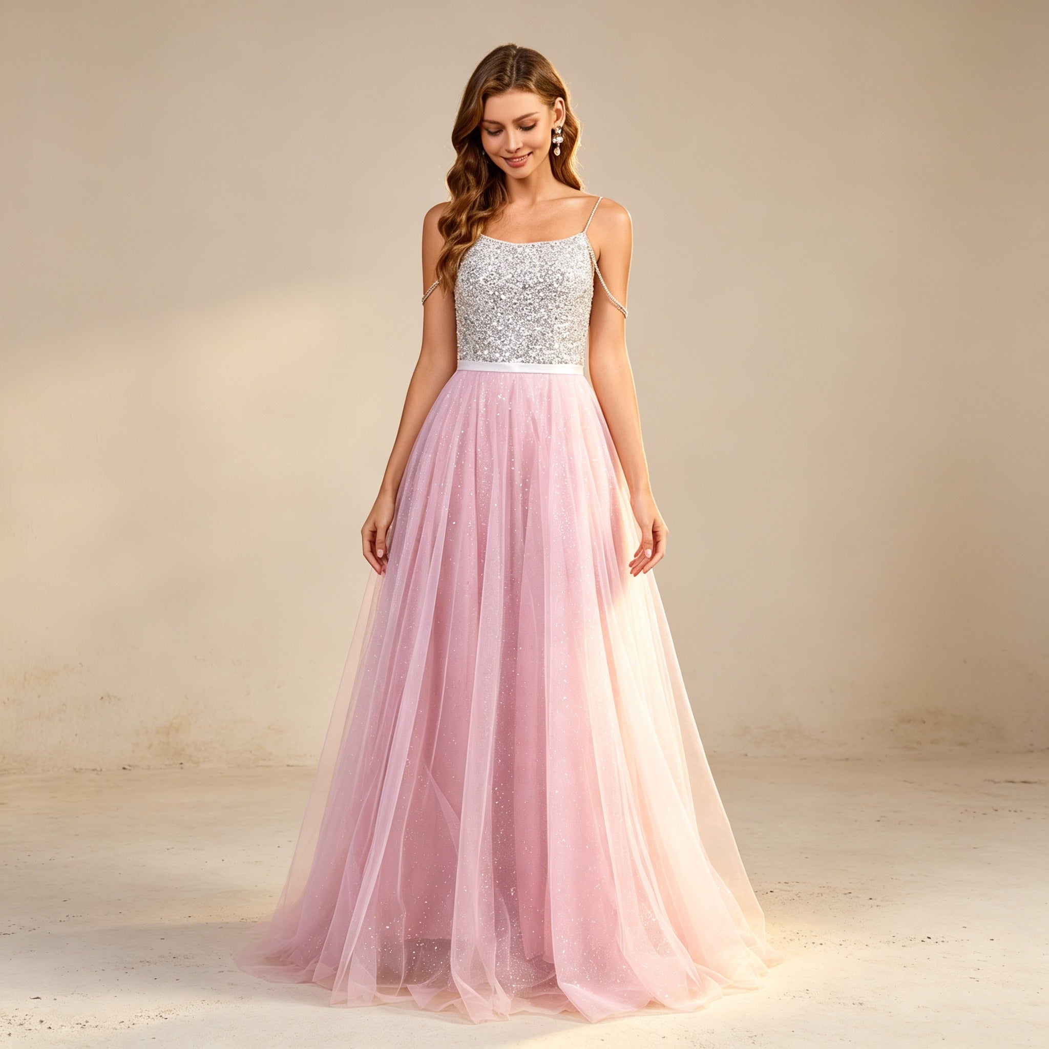 Elegantes Abendkleid mit Pailletten-Oberteil und Tüllrock in Rosa
