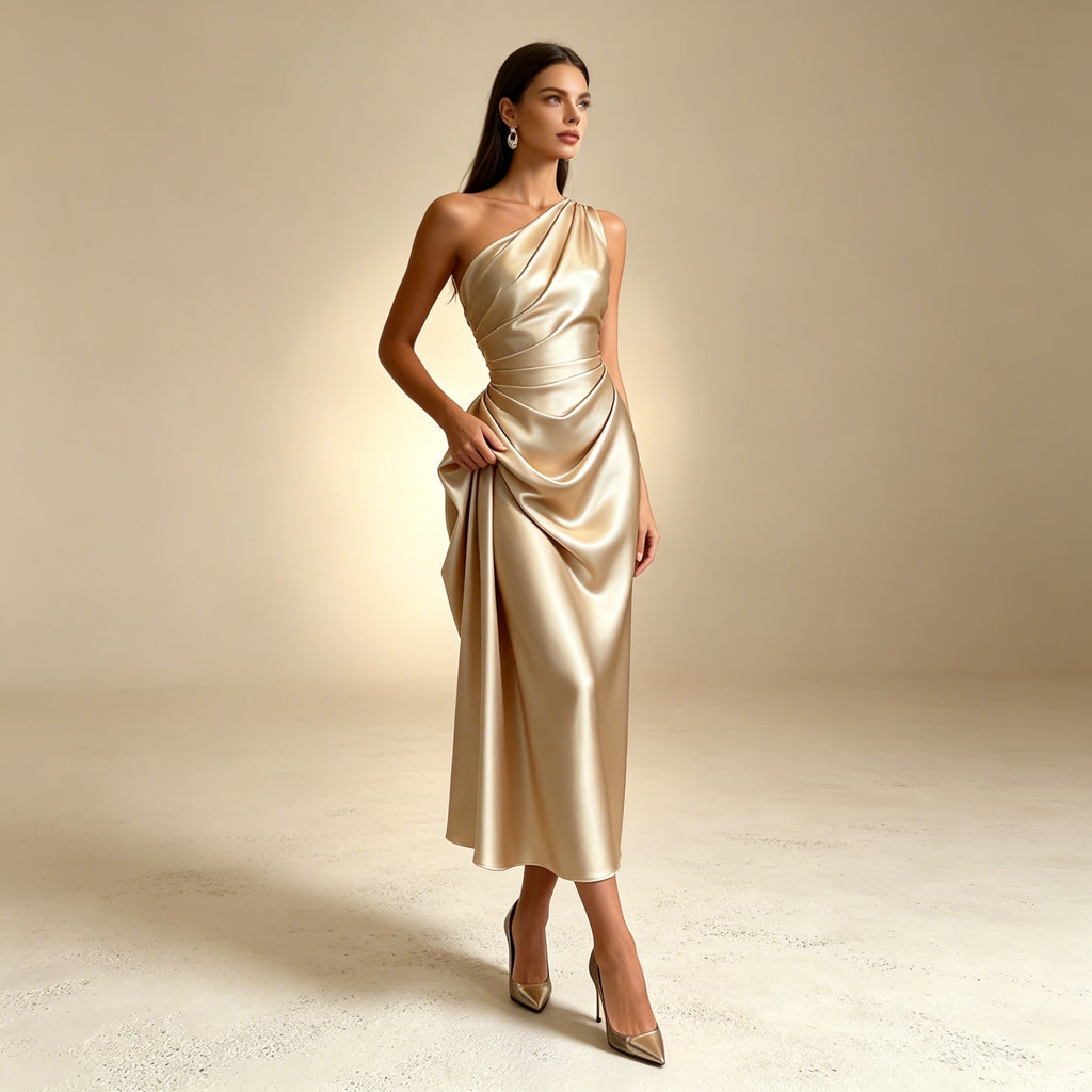 Festliches Cocktailkleid in Champagner - Ärmelloses Satin-Midikleid